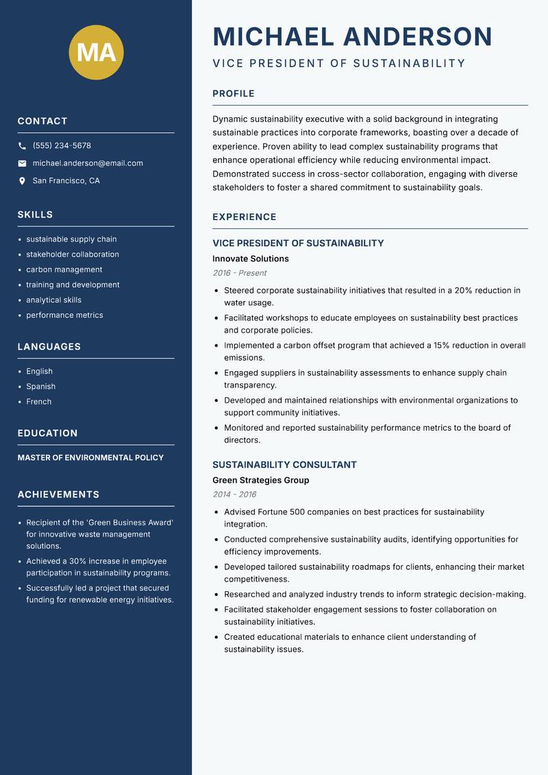 Head of Sustainability Resume Preview Example