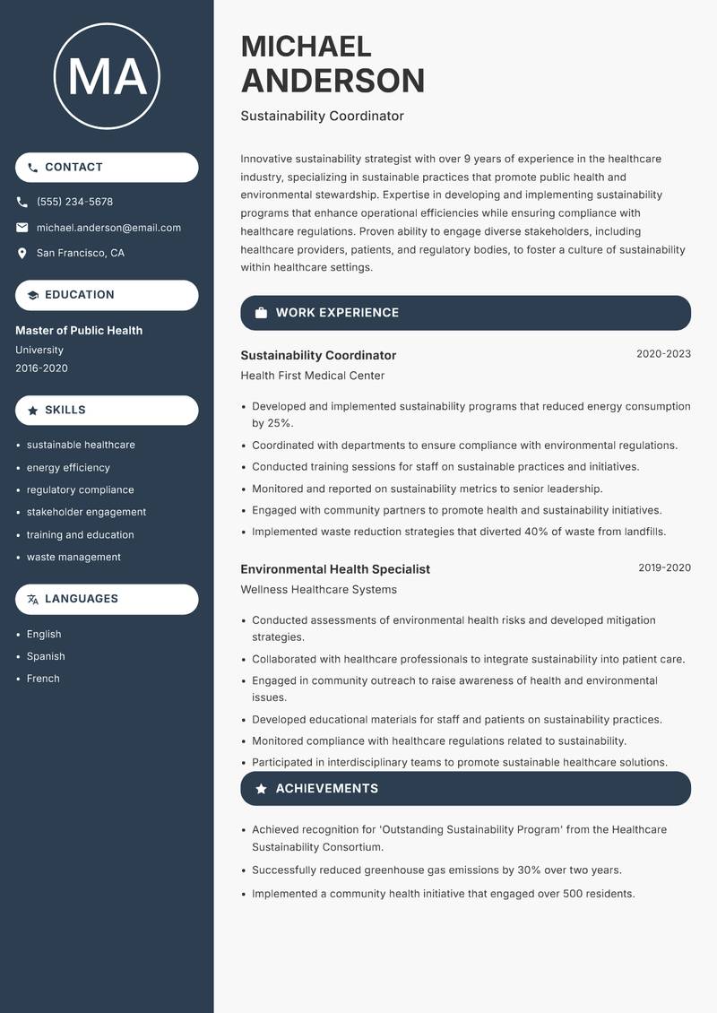 Head of Sustainability Resume Preview Example