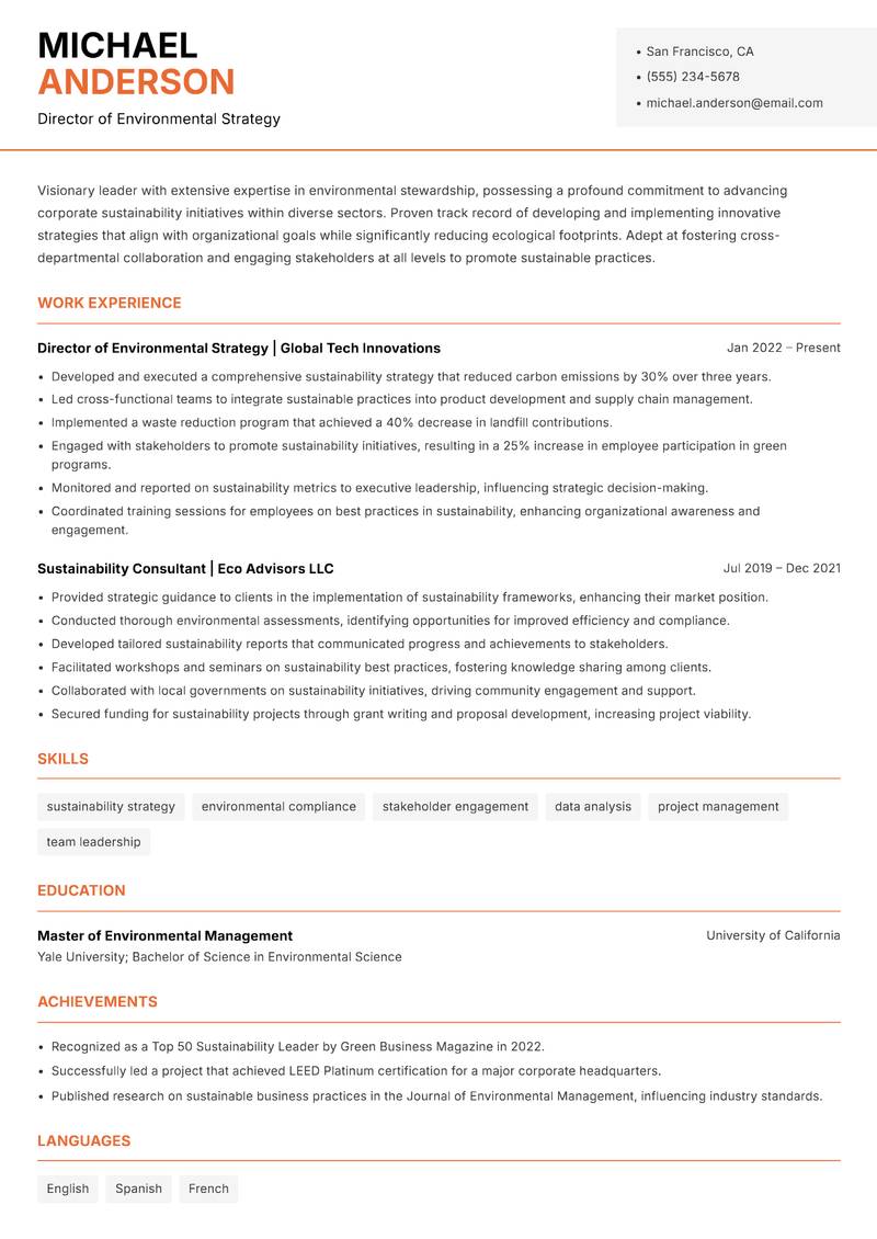 Head of Sustainability Resume Template
