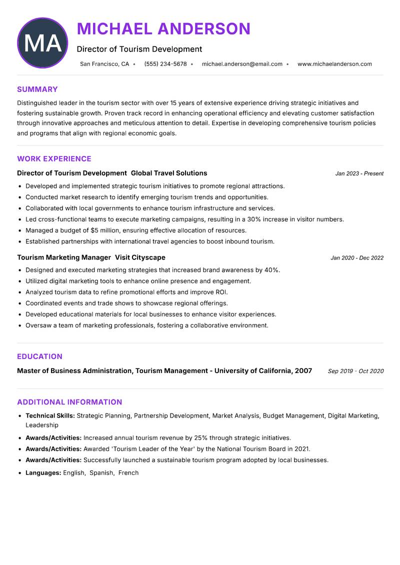Head of Tourism Resume Preview Example