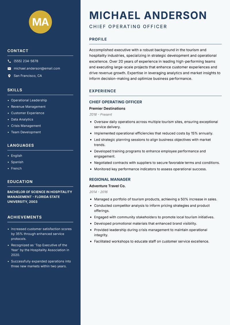 Head of Tourism Resume Preview Example