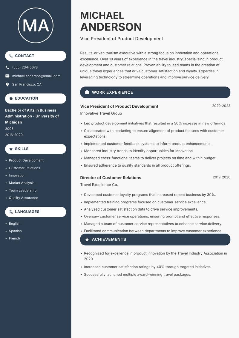 Head of Tourism Resume Preview Example