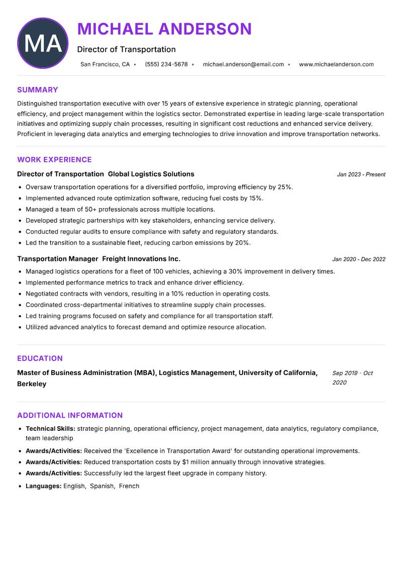 Head of Transportation Resume Preview Example
