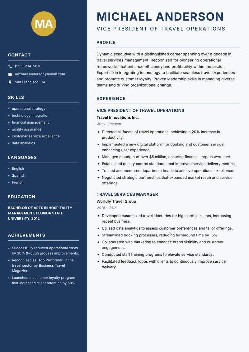 Head of Travel Services Resume Preview Example