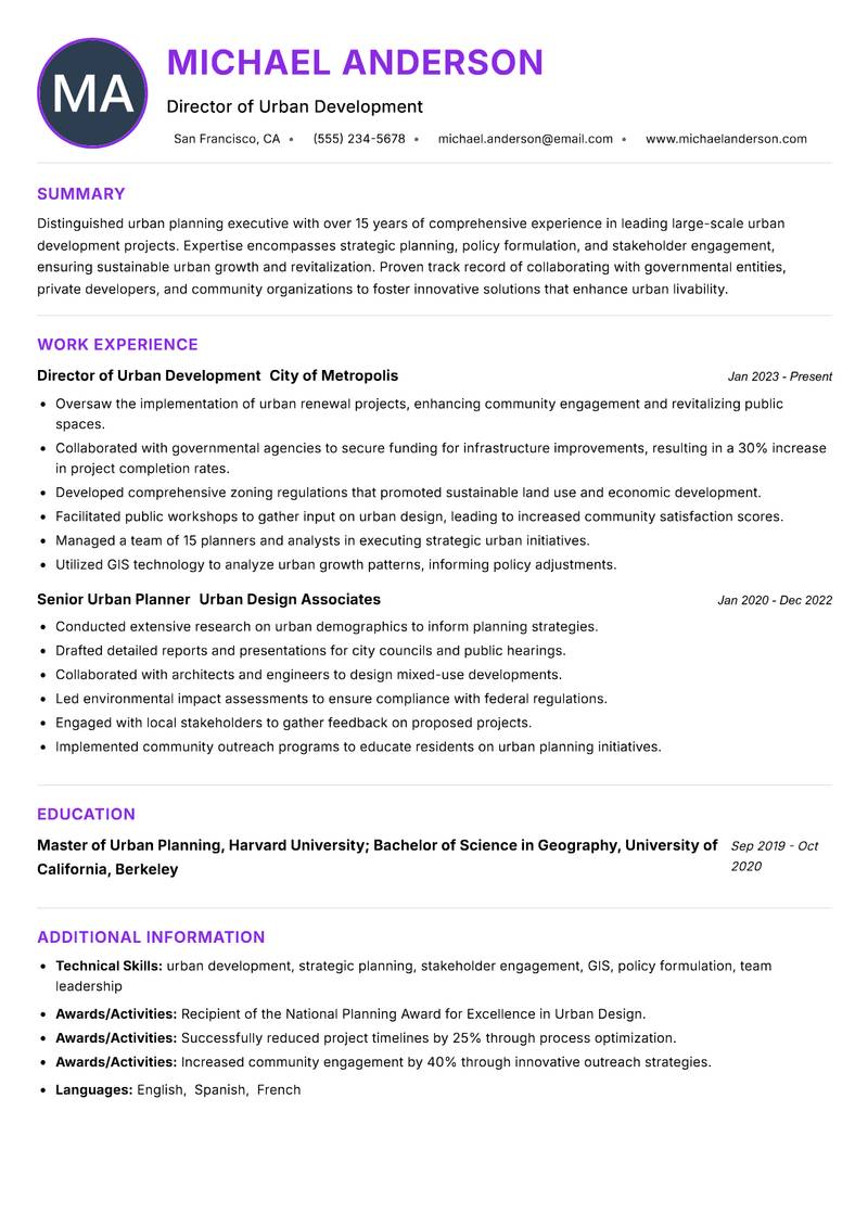 Head of Urban Planning Resume Preview Example