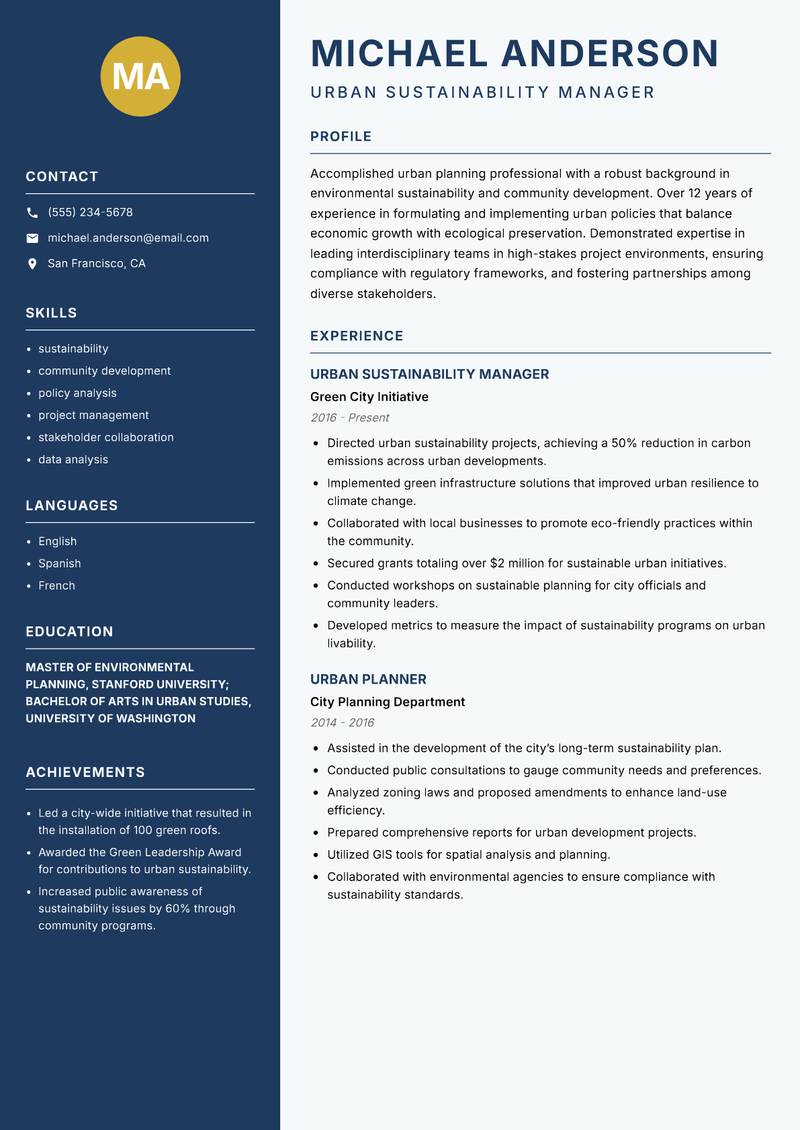 Head of Urban Planning Resume Preview Example