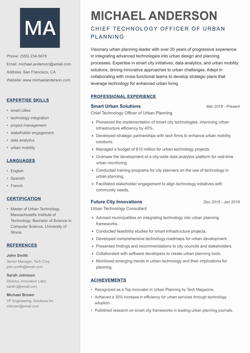 Head of Urban Planning Resume Preview Example