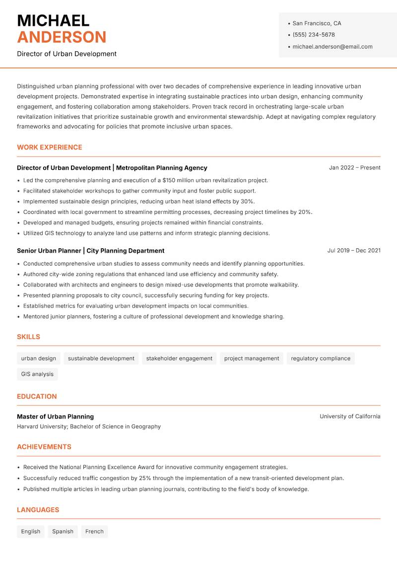 Head of Urban Planning Resume Template