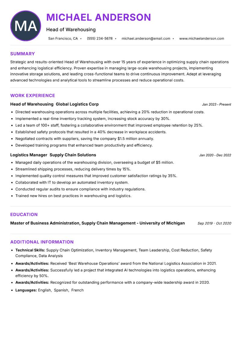 Head of Warehousing Resume Preview Example