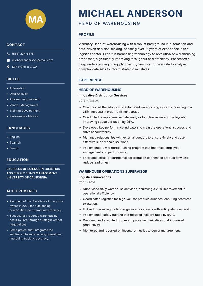 Head of Warehousing Resume Preview Example
