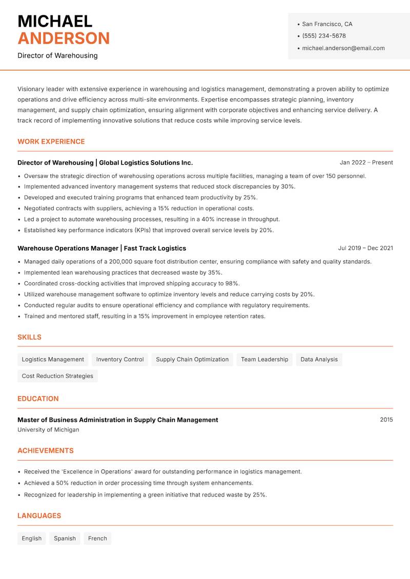 Head of Warehousing Resume Template