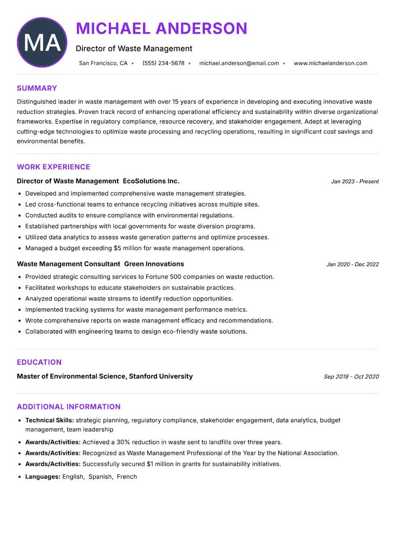 Head of Waste Management Resume Preview Example