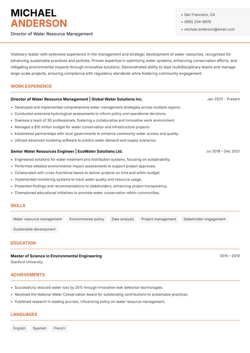 Head of Water Resources Resume Template