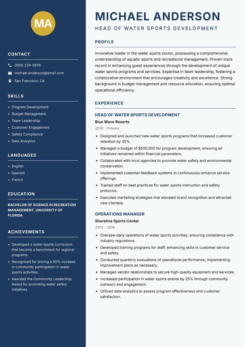 Head of Water Sports Resume Preview Example