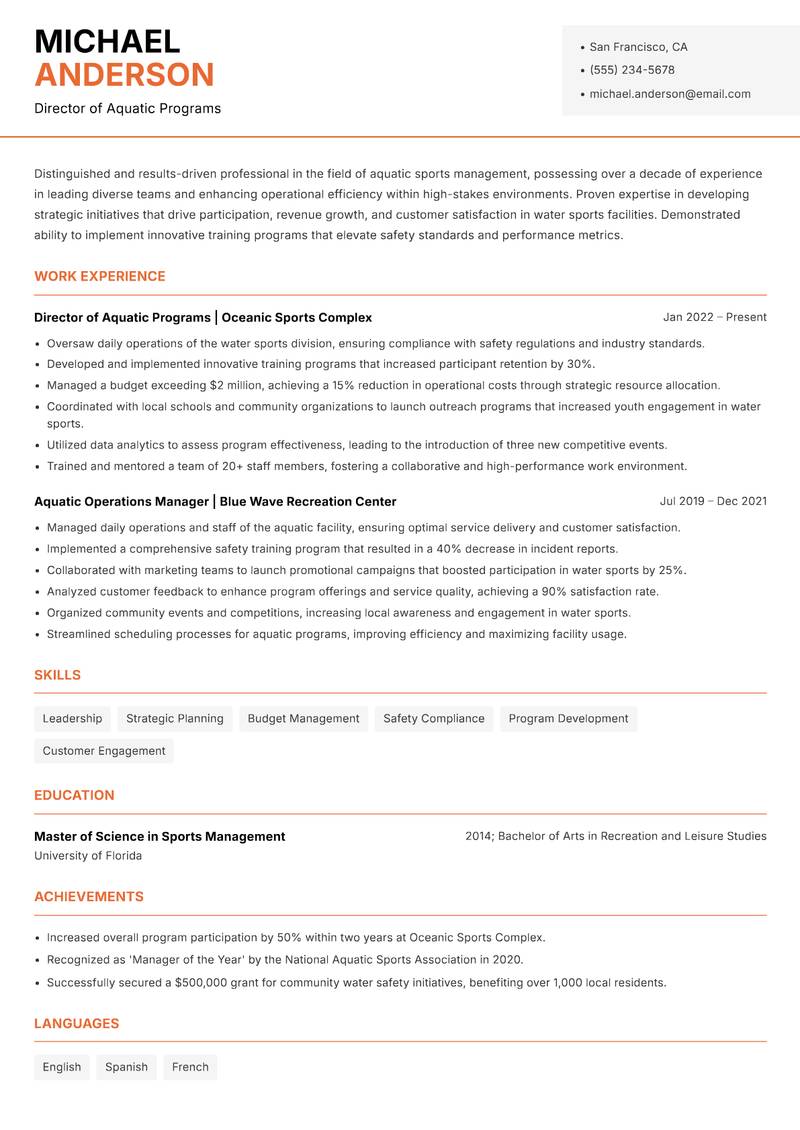 Head of Water Sports Resume Template
