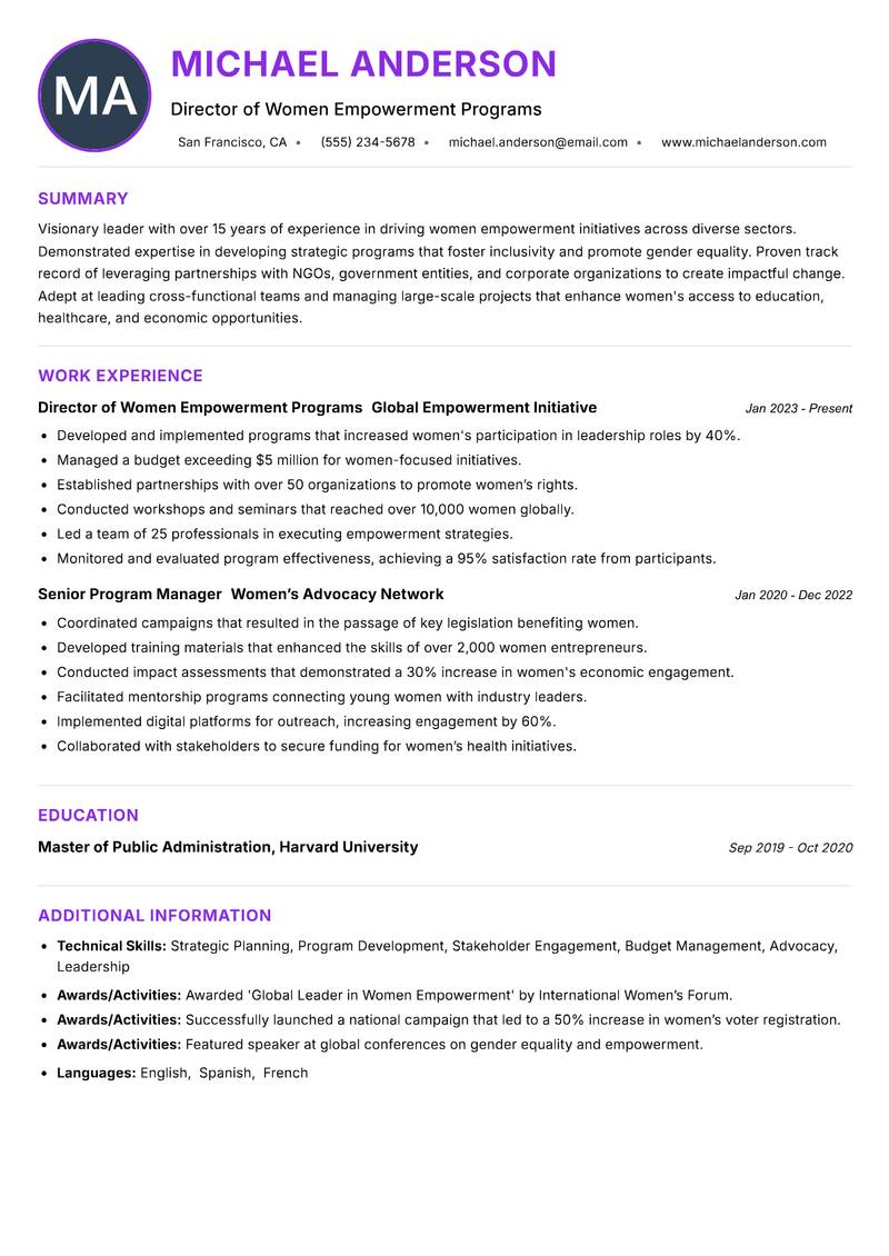 Head of Women Empowerment Resume Preview Example