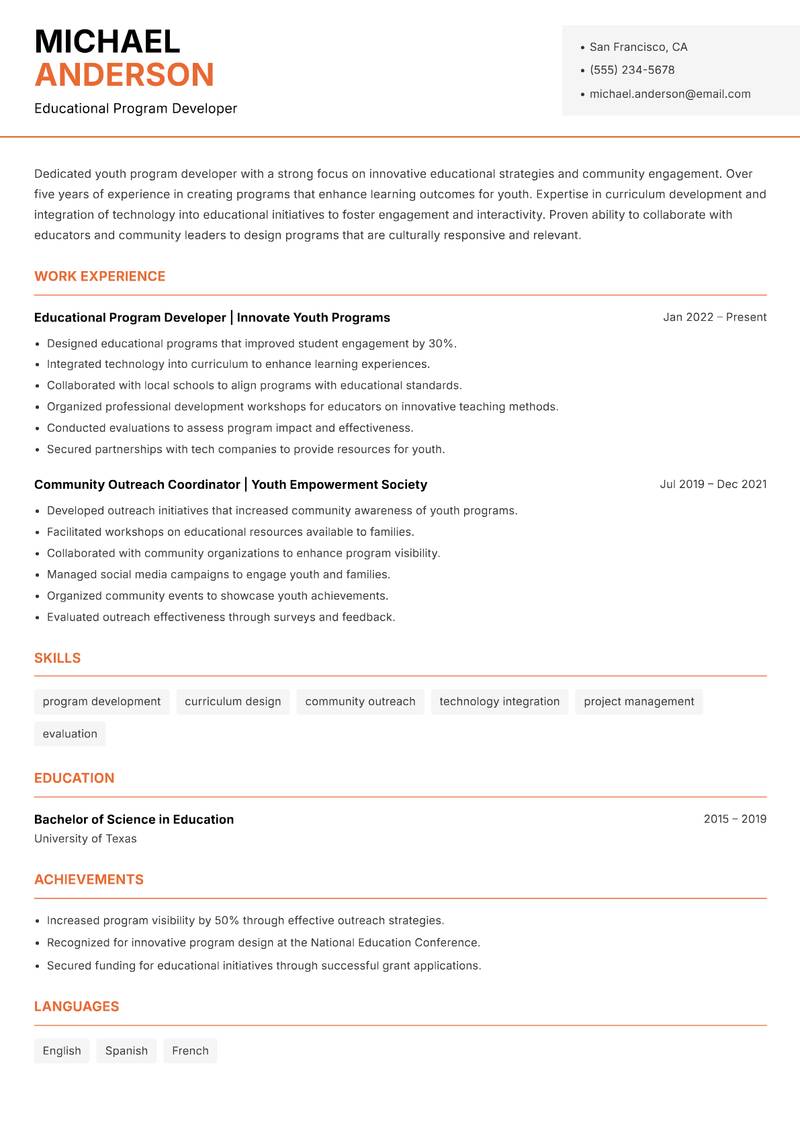 Head of Youth Development Resume Template