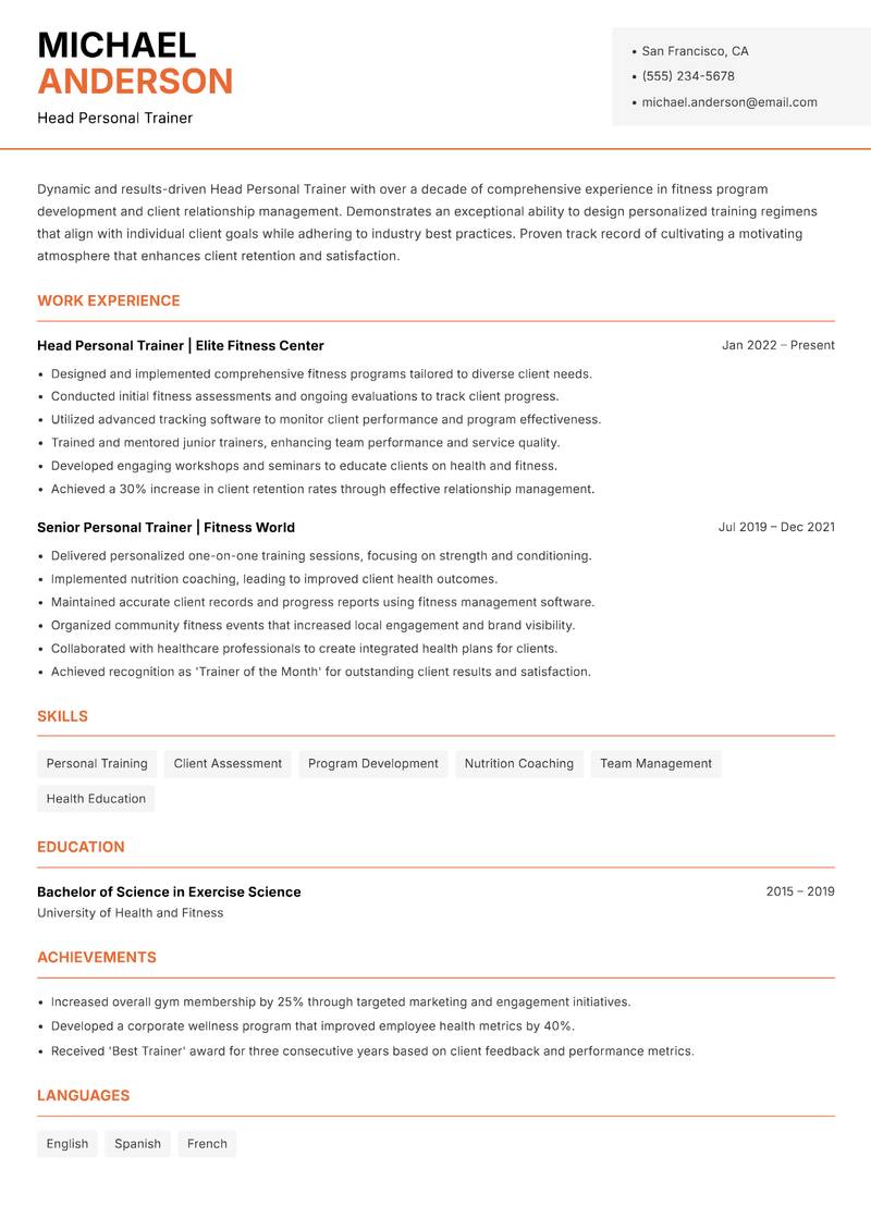 Head Personal Trainer Resume Template