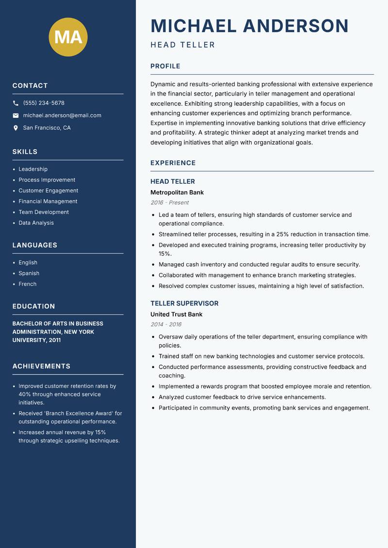 Head Teller Resume Preview Example