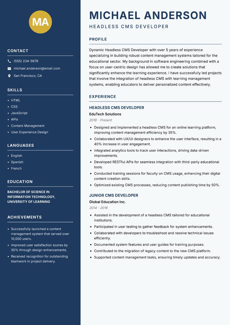 Headless CMS Developer Resume Preview Example