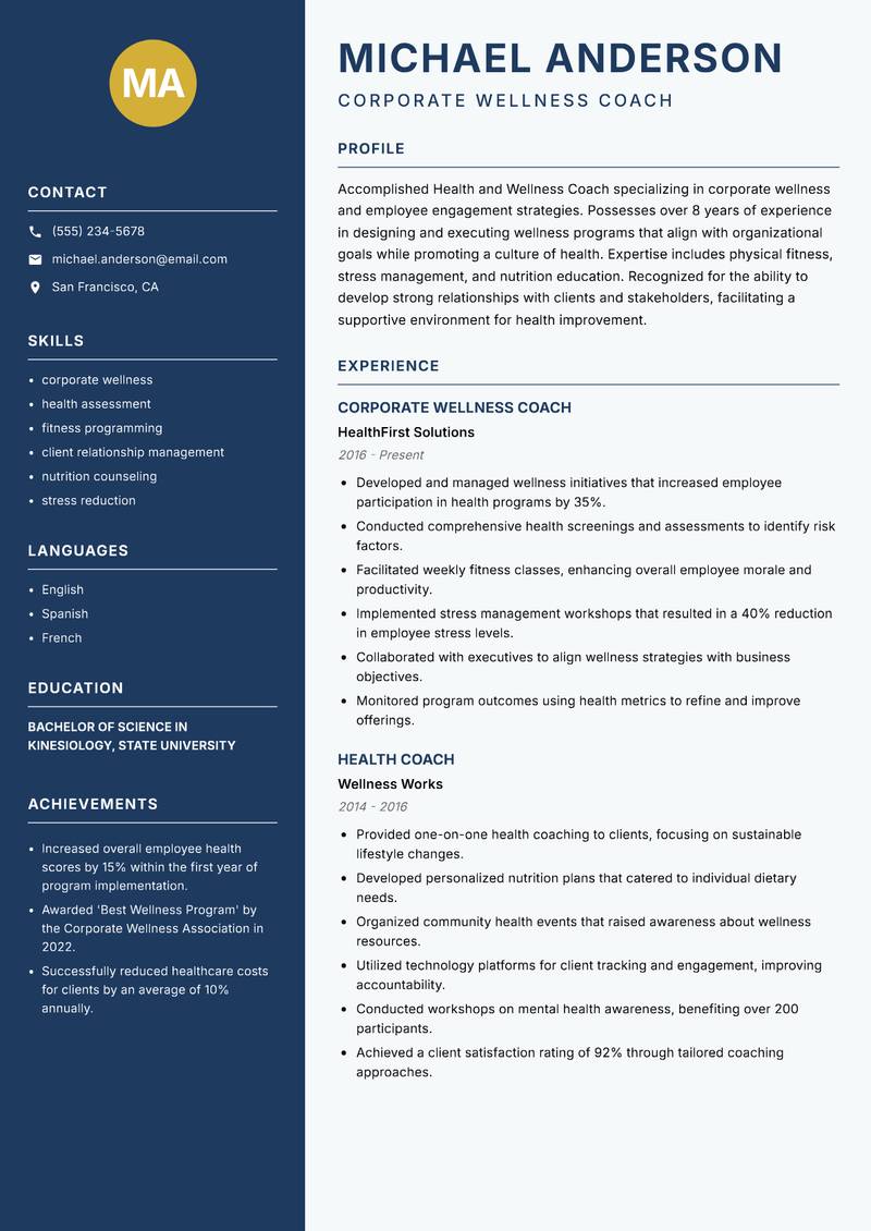 Health and Wellness Coach Resume Preview Example