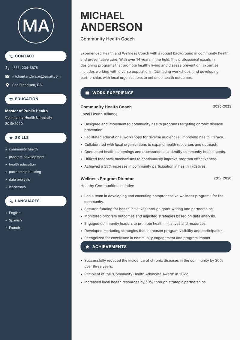 Health and Wellness Coach Resume Preview Example