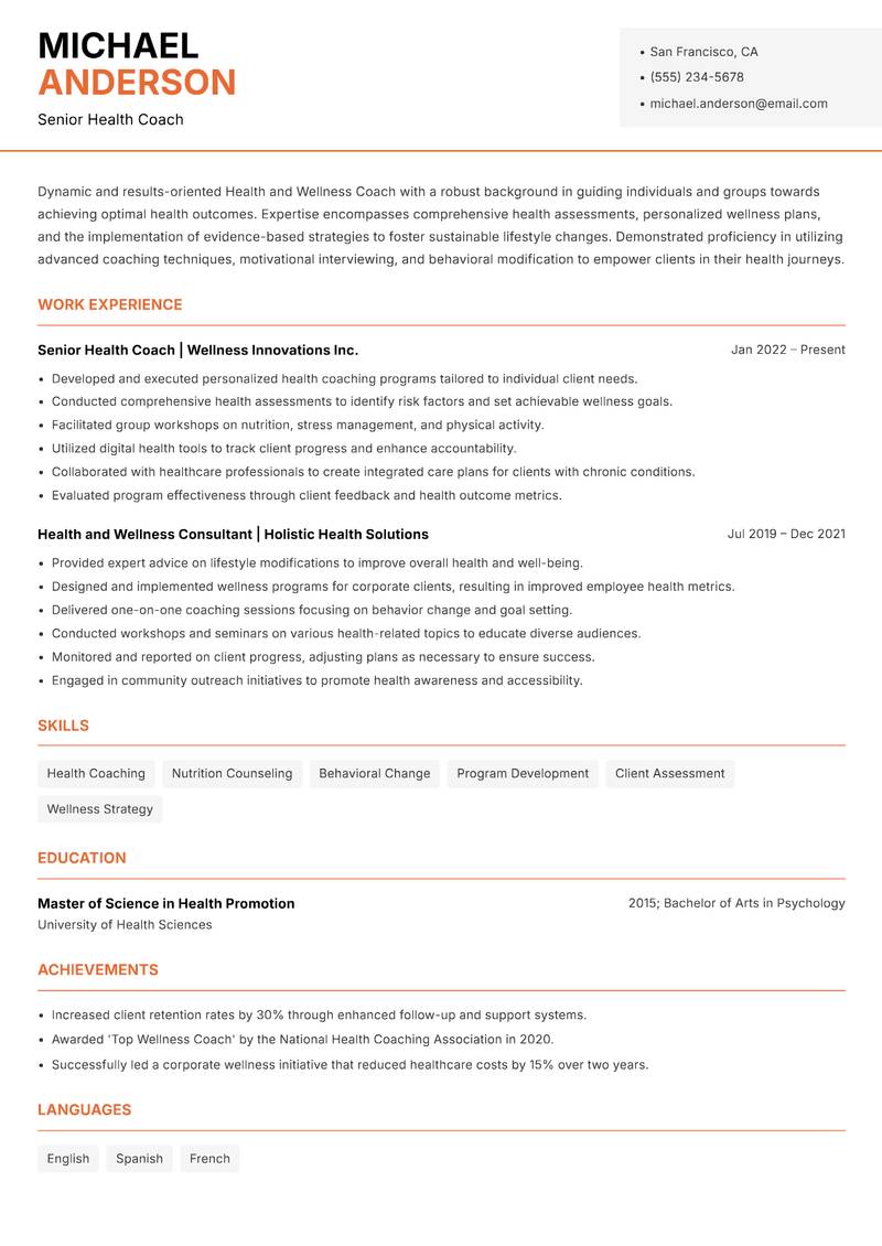 Health and Wellness Coach Resume Template