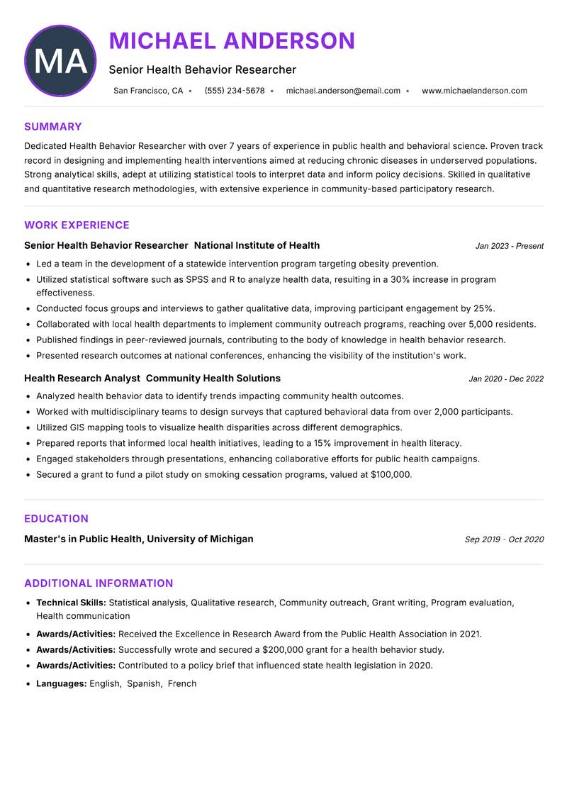 Health Behavior Researcher Resume Preview Example