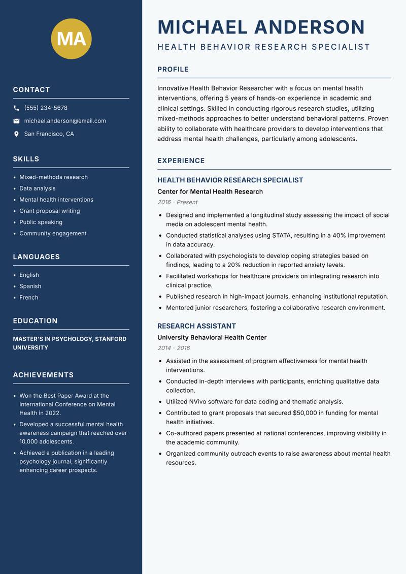 Health Behavior Researcher Resume Preview Example