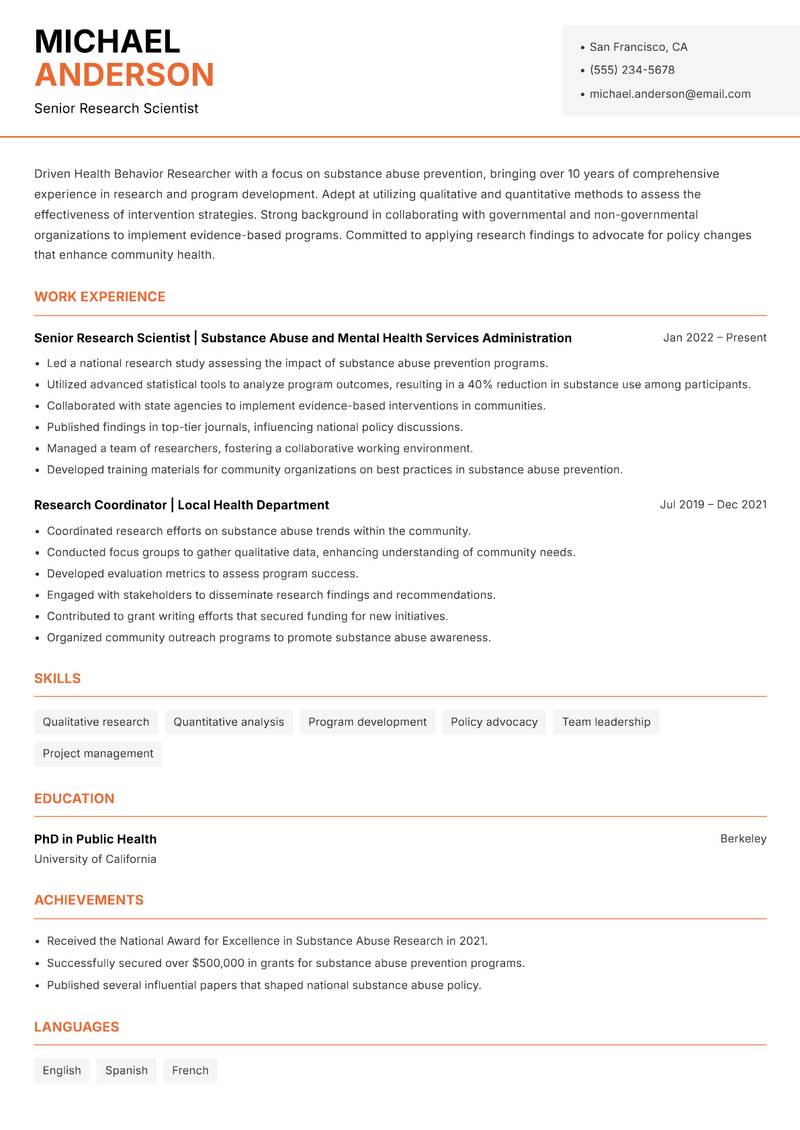 Health Behavior Researcher Resume Template