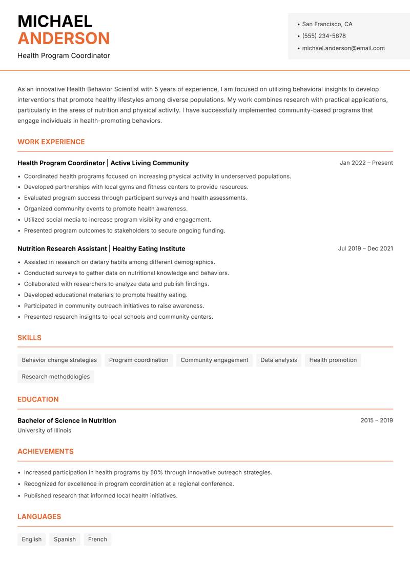 Health Behavior Scientist Resume Template