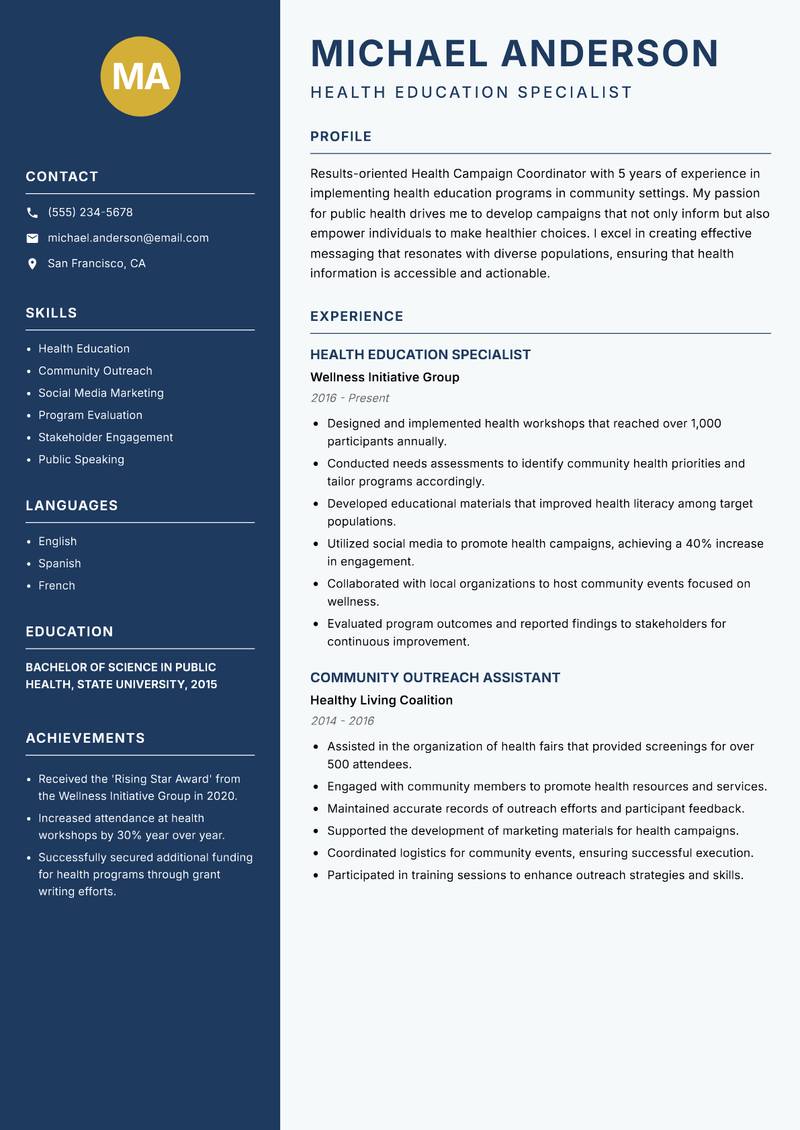 Health Campaign Coordinator Resume Preview Example