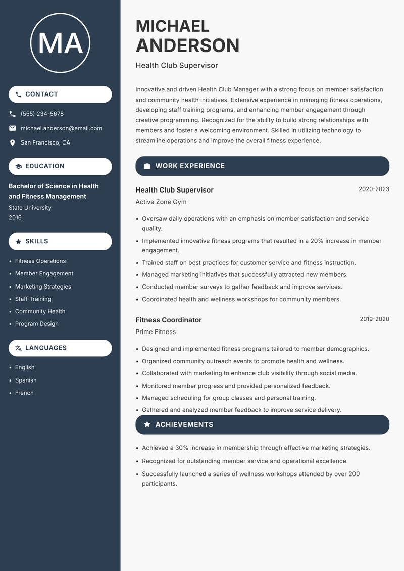 Health Club Manager Resume Preview Example