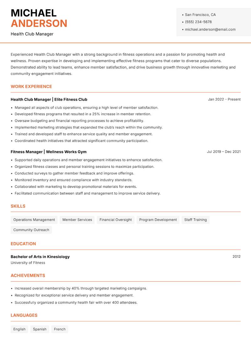 Health Club Manager Resume Template
