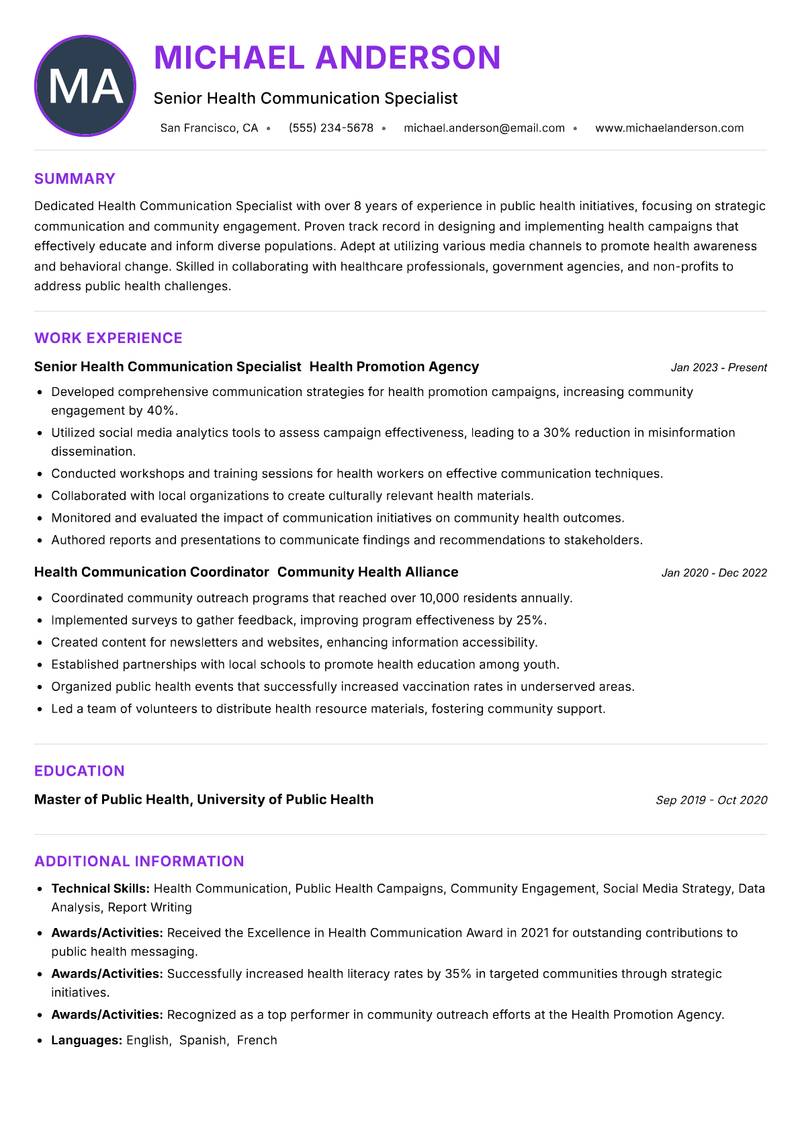 Health Communication Specialist Resume Preview Example