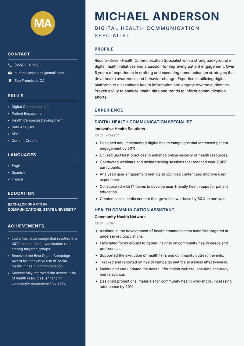 Health Communication Specialist Resume Preview Example