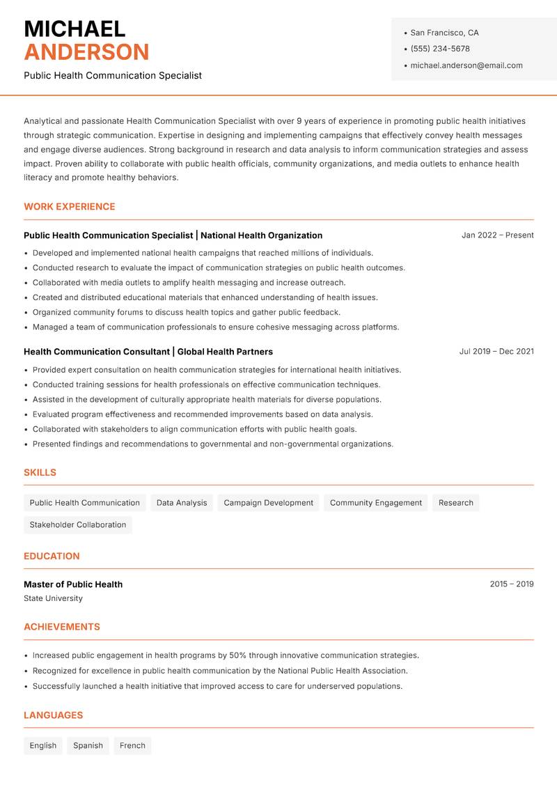 Health Communication Specialist Resume Template