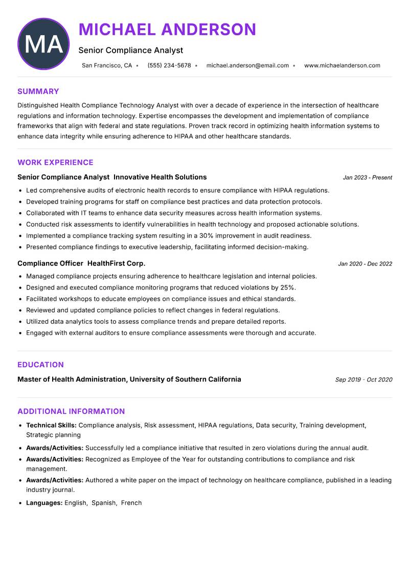 Health Compliance Technology Analyst Resume Preview Example