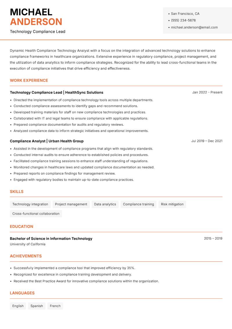 Health Compliance Technology Analyst Resume Template