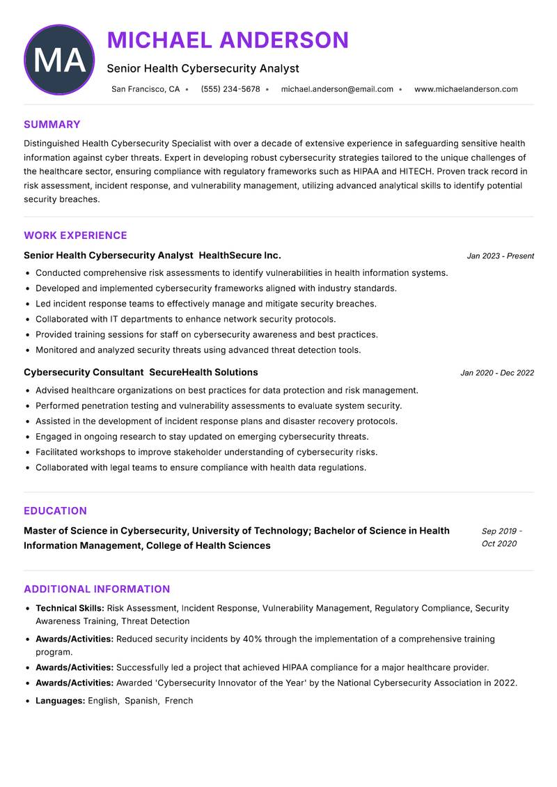 Health Cybersecurity Specialist Resume Preview Example