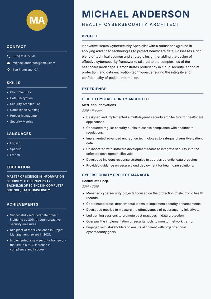 Health Cybersecurity Specialist Resume Preview Example