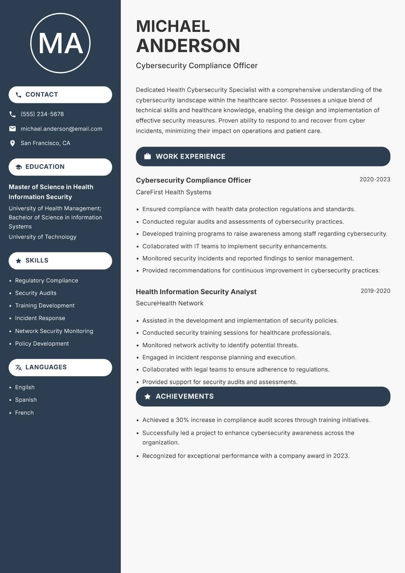 Health Cybersecurity Specialist Resume Preview Example