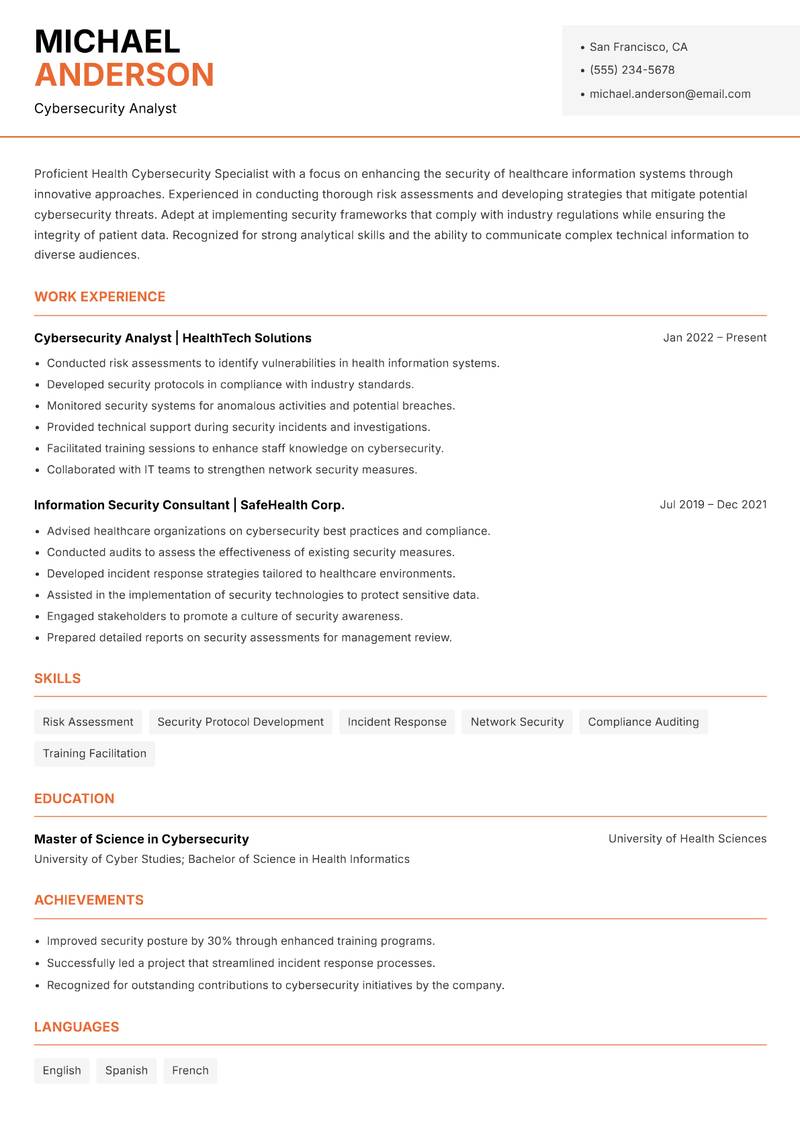 Health Cybersecurity Specialist Resume Template