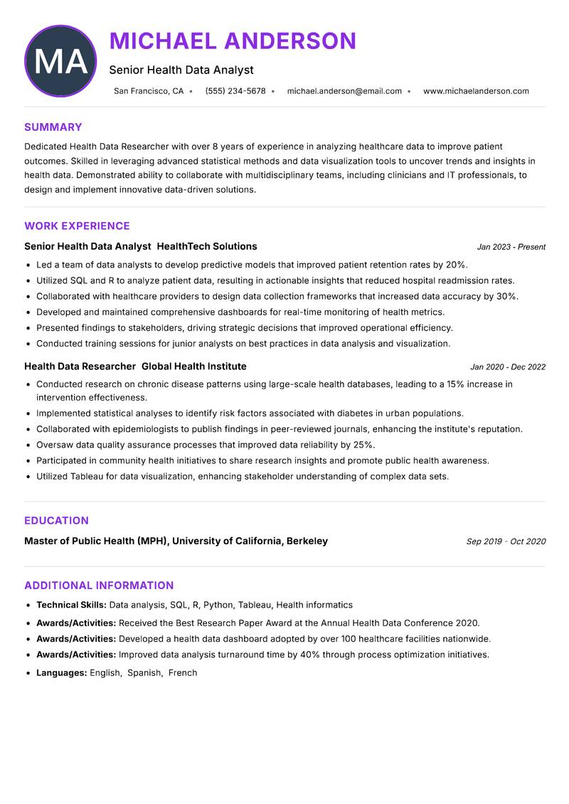 Health Data Researcher Resume Preview Example