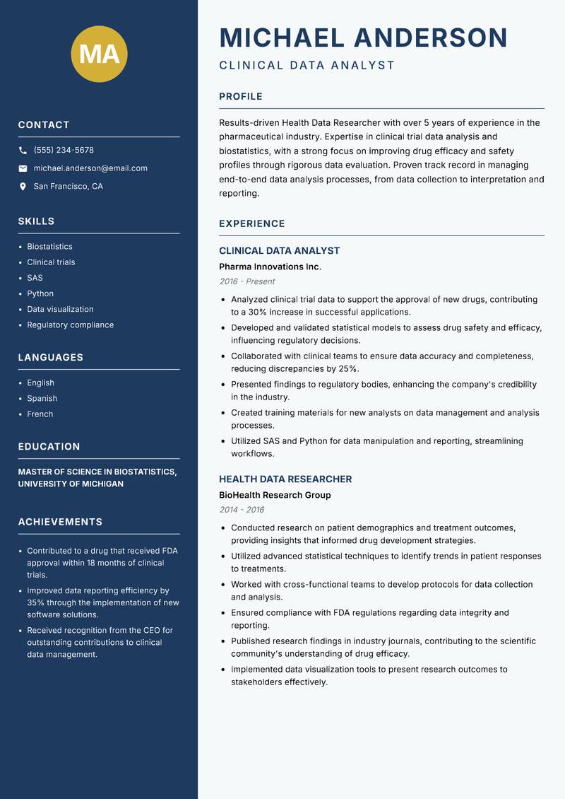 Health Data Researcher Resume Preview Example