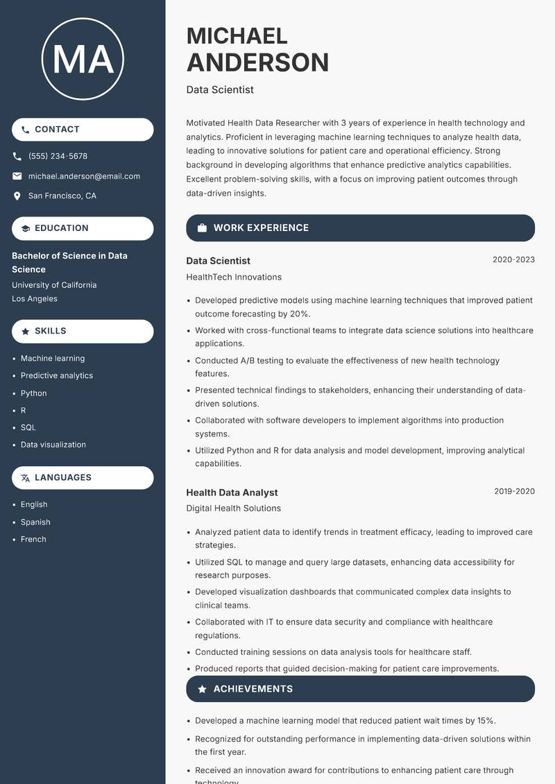 Health Data Researcher Resume Preview Example
