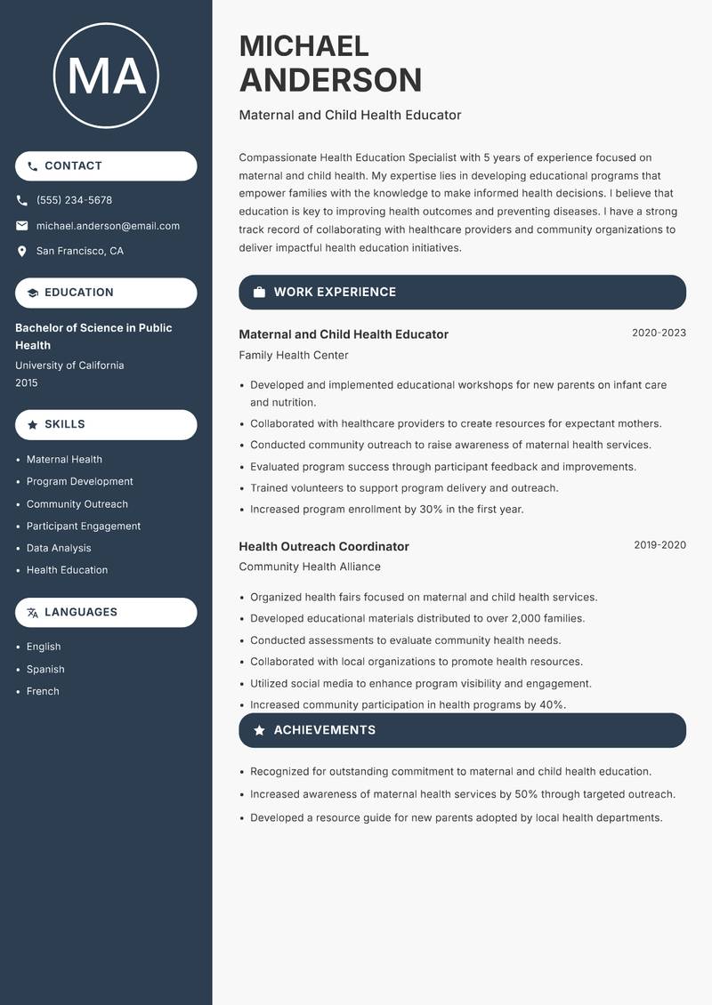 Health Education Specialist Resume Preview Example
