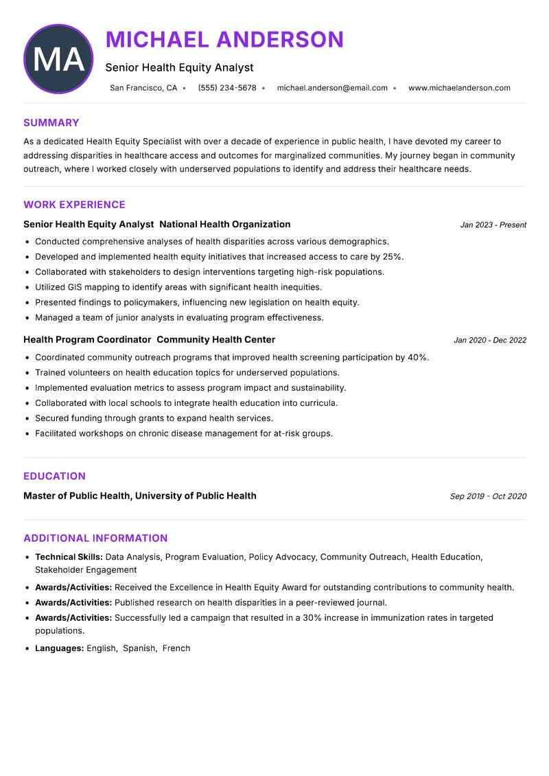 Health Equity Specialist Resume Preview Example