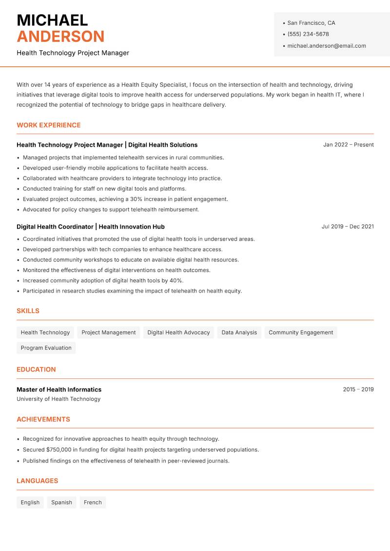 Health Equity Specialist Resume Template