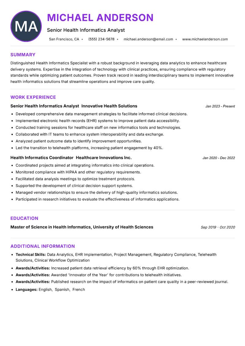 Health Informatics Specialist Resume Preview Example